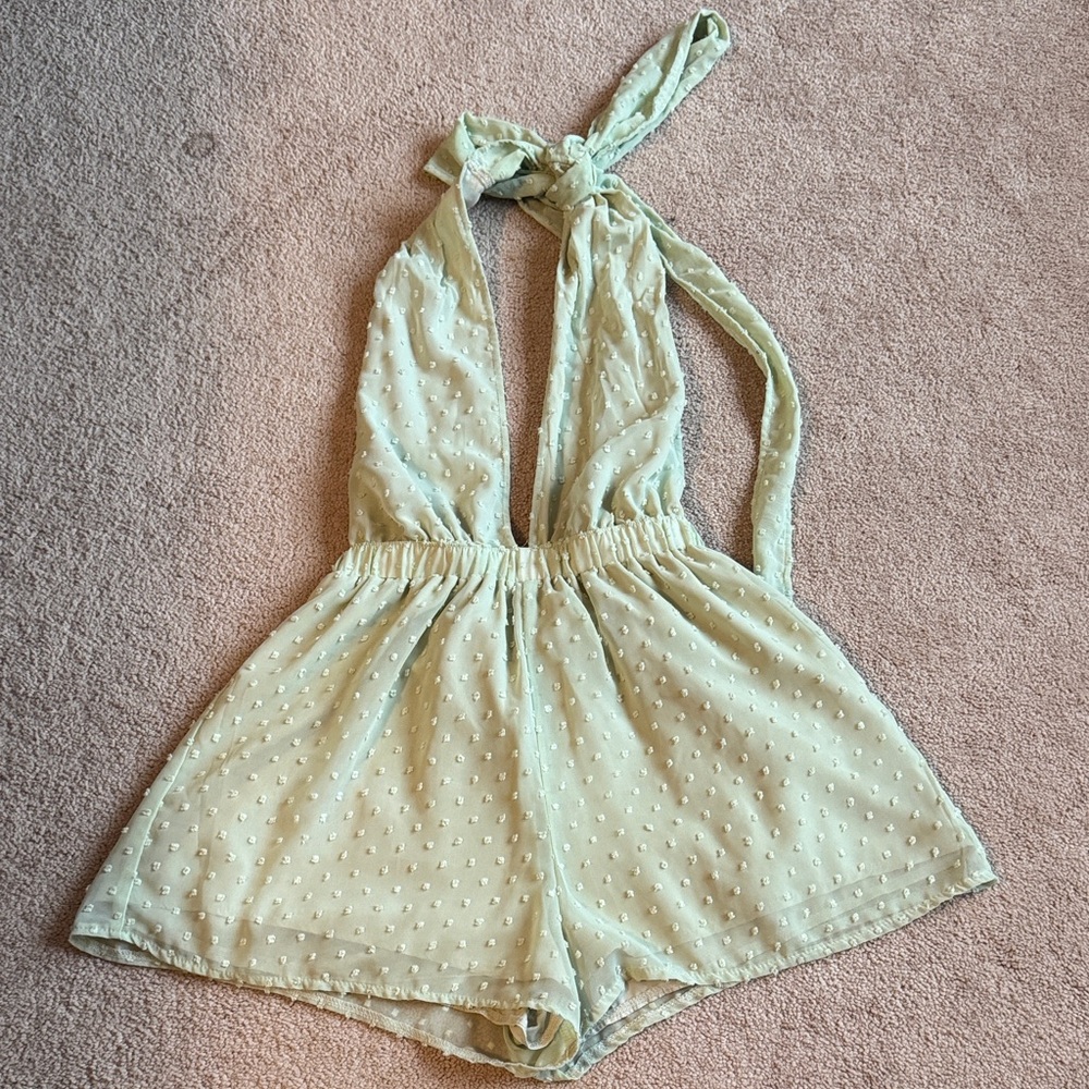 Girls' Light Green Swiss Dot Halter Romper Shorts